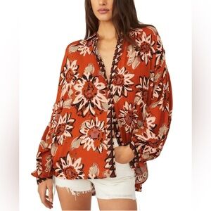 Free People Good Vibrations Boho Orange Sun Flower Button-Up Blouse size X-SMALL
